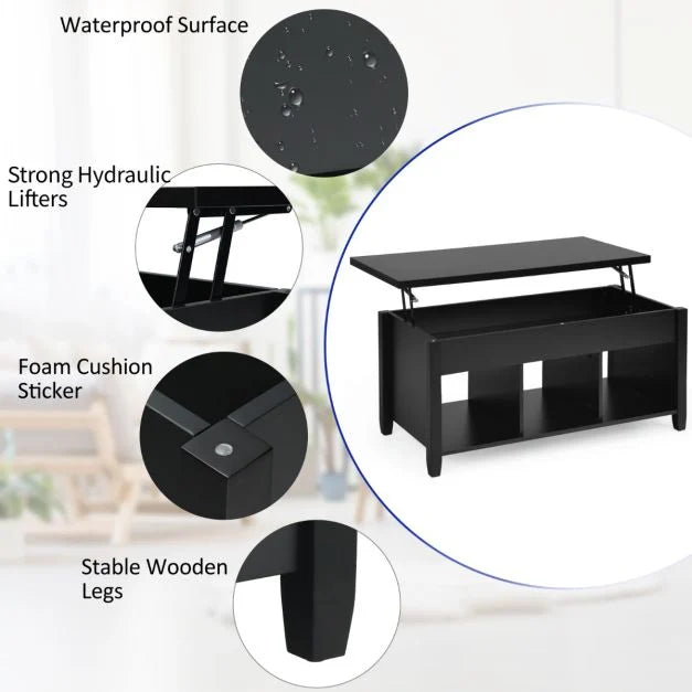 Rising Center Table with Lift Top Hidden Compartment-Black