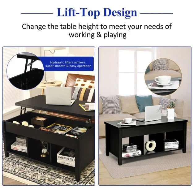 Rising Center Table with Lift Top Hidden Compartment-Black