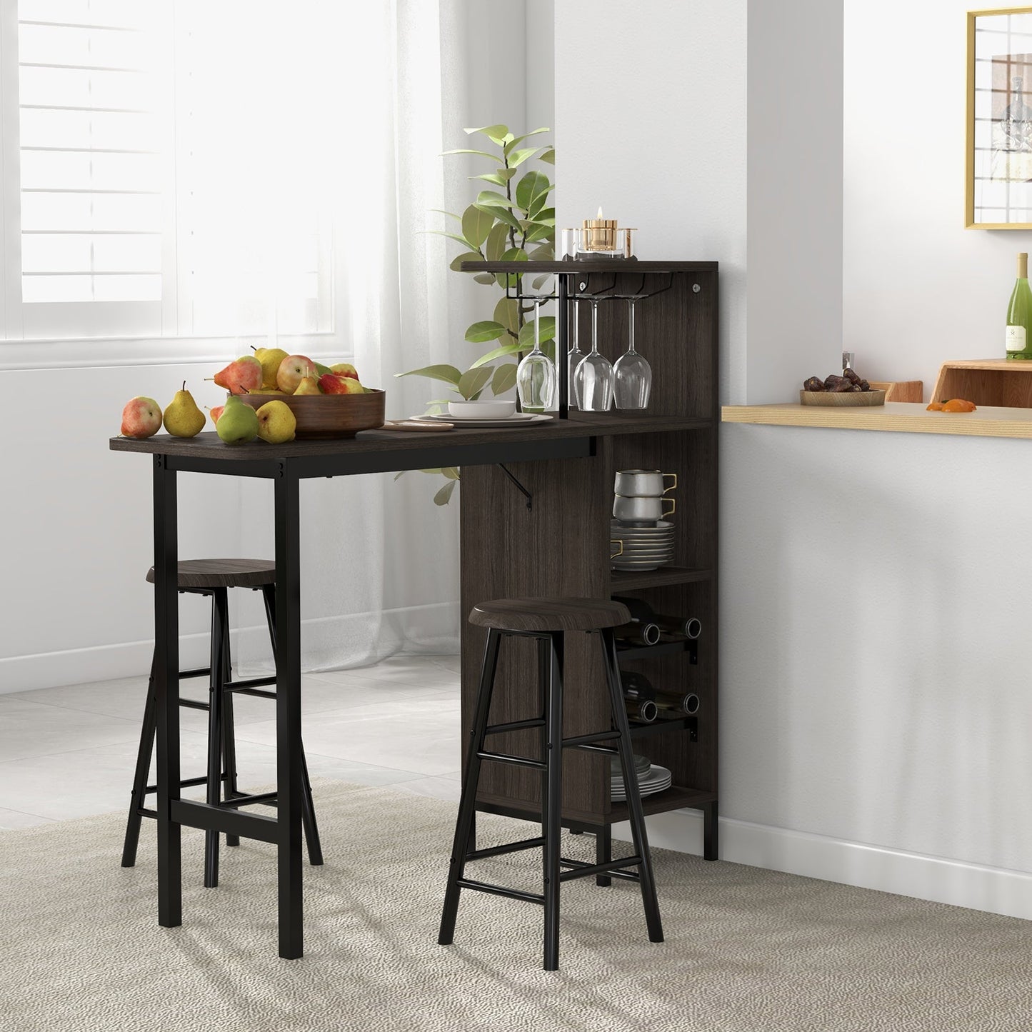 3 Pieces Bar Table & Chair Set with 6-Bottle Wine Racks for Dining Room