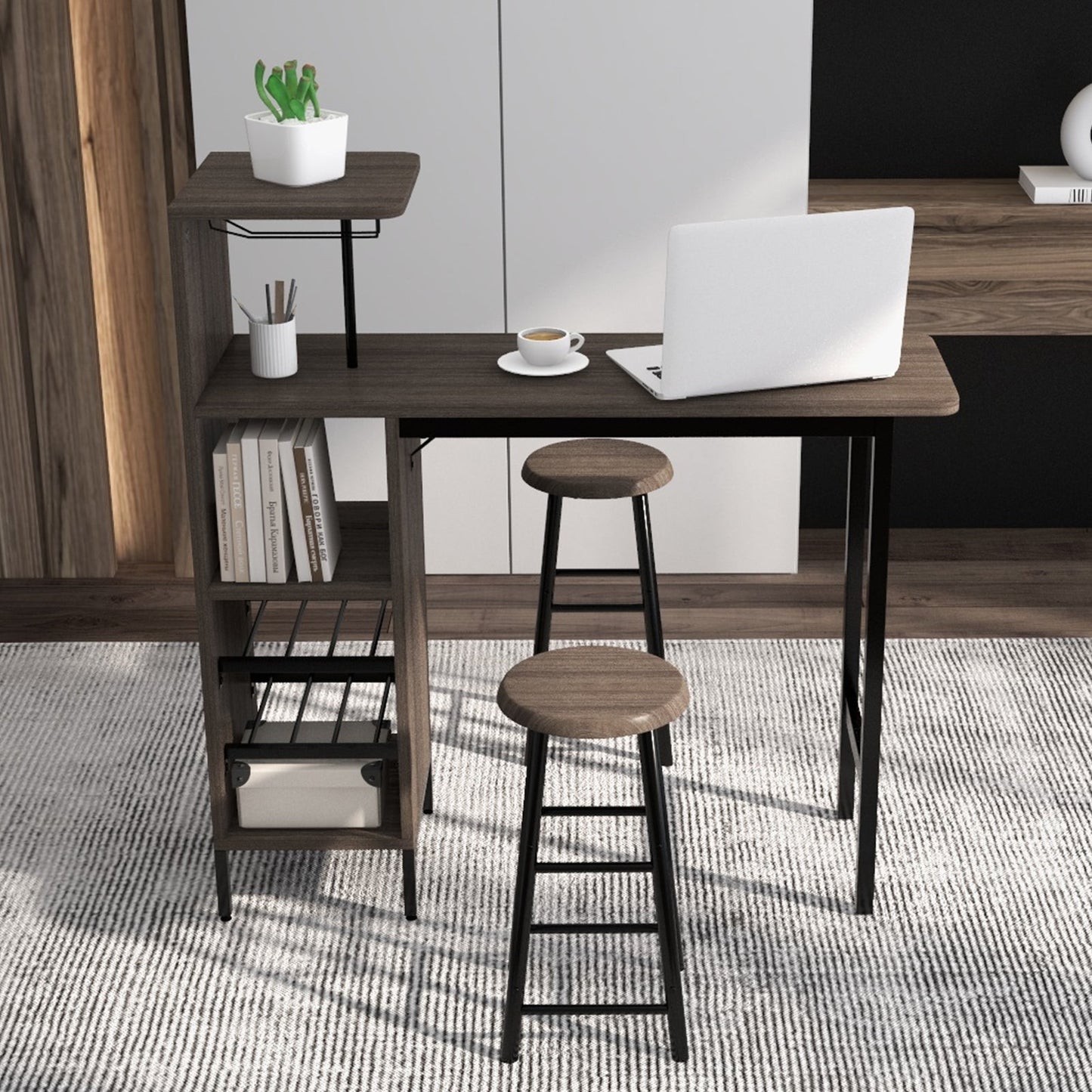 3 Pieces Bar Table & Chair Set with 6-Bottle Wine Racks for Dining Room