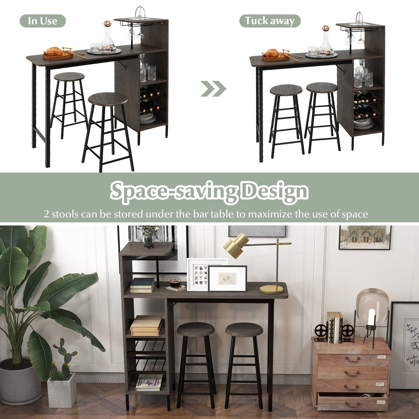 3 Pieces Bar Table & Chair Set with 6-Bottle Wine Racks for Dining Room
