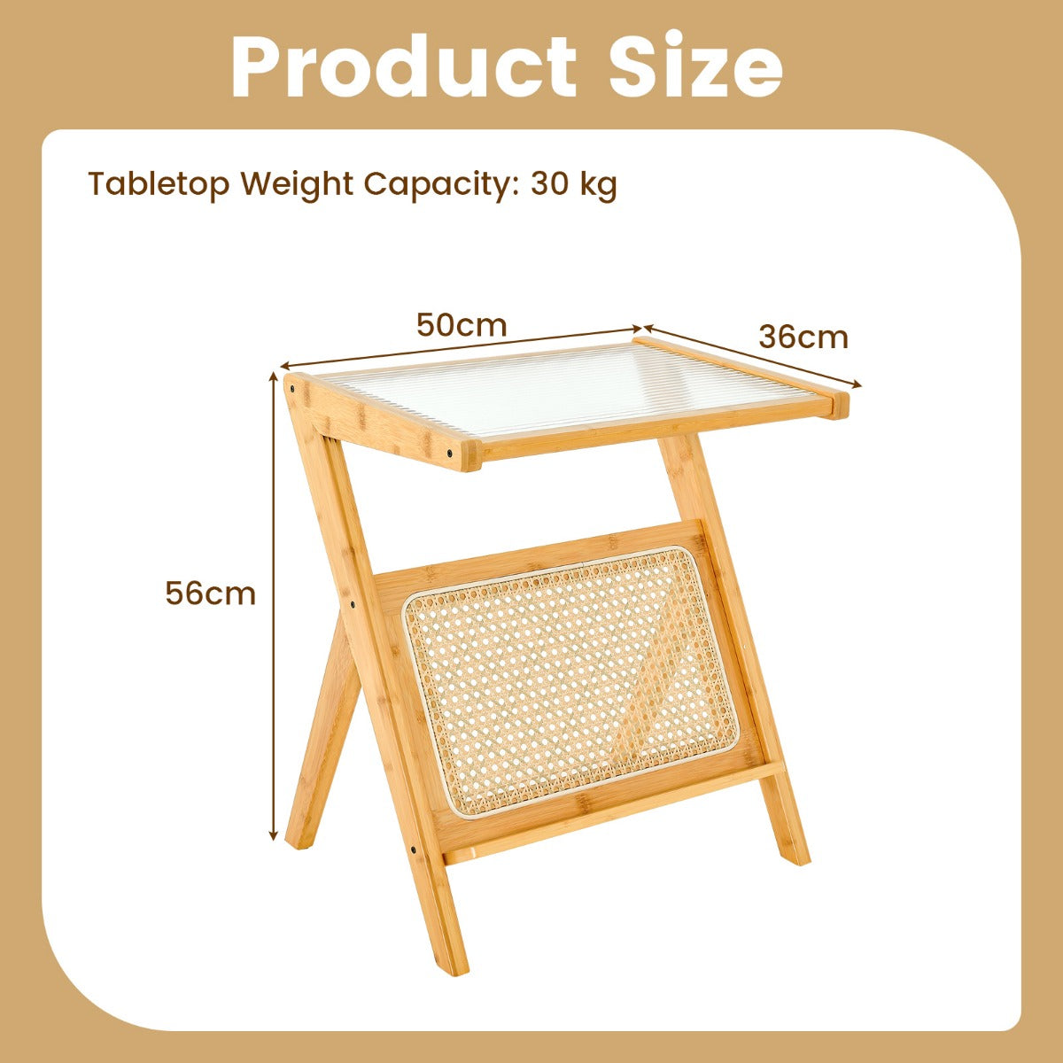 Bamboo Accent Bedside Table with Tempered Glass Top-Natural