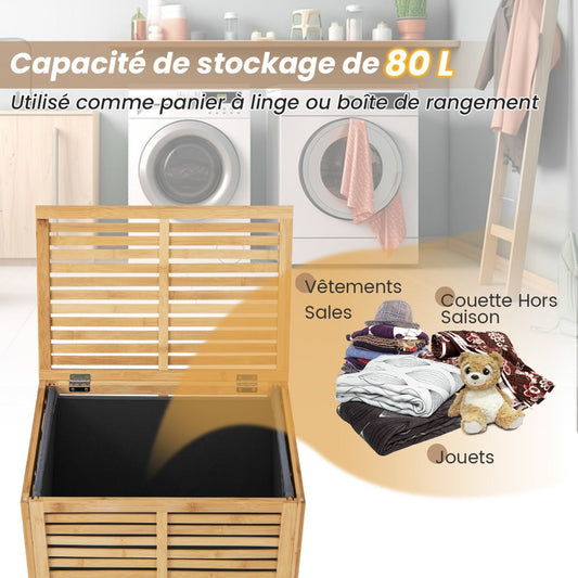 80 L Bamboo Laundry Hamper with Lid and Handles-Natural
