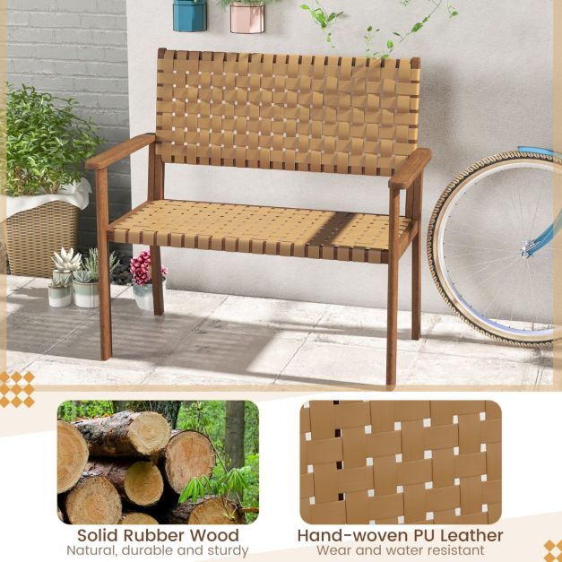 Outdoor All Weather Bench with Solid Rubber Wood Frame and Hand Woven PU Leather-Natural