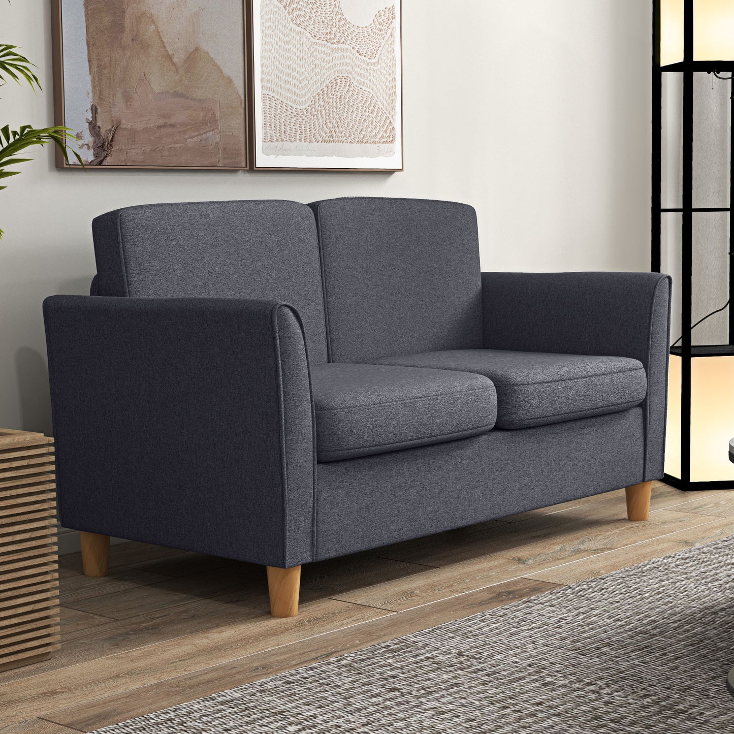 HOMCOM Kompaktowa Sofa Dwuosobowa, Nowoczesna Sofa Dwuosobowa Do Salonu Z Drewnianymi Nogami I Podłokietnikami, Ciemnoszara