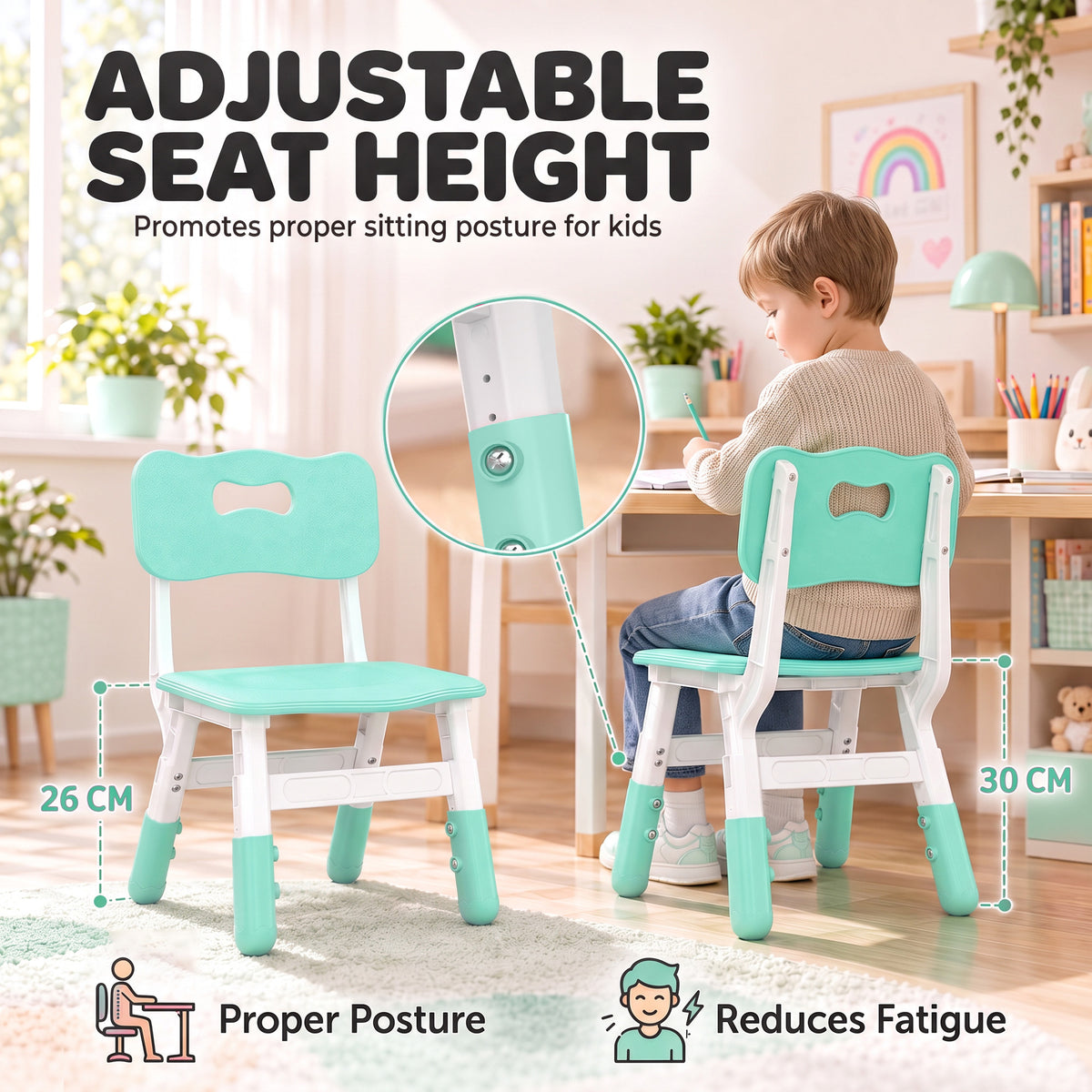 AIYAPLAY 2 PCS Kids Desk Chairs, 3 Level Height Adjustable Children's Chairs with Backrest for 1.5-8 Years, Max Load 50KG, Green