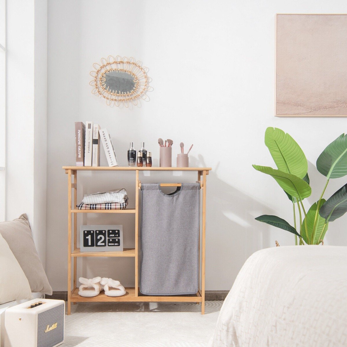 Bamboo Laundry Basket with Removable Pull-Out Bag and Storage Shelf-Natural