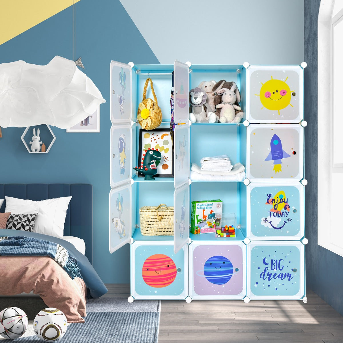 Portable Children Wardrobe with 12 Cubes and 2 Clothes Hanging Section-Blue