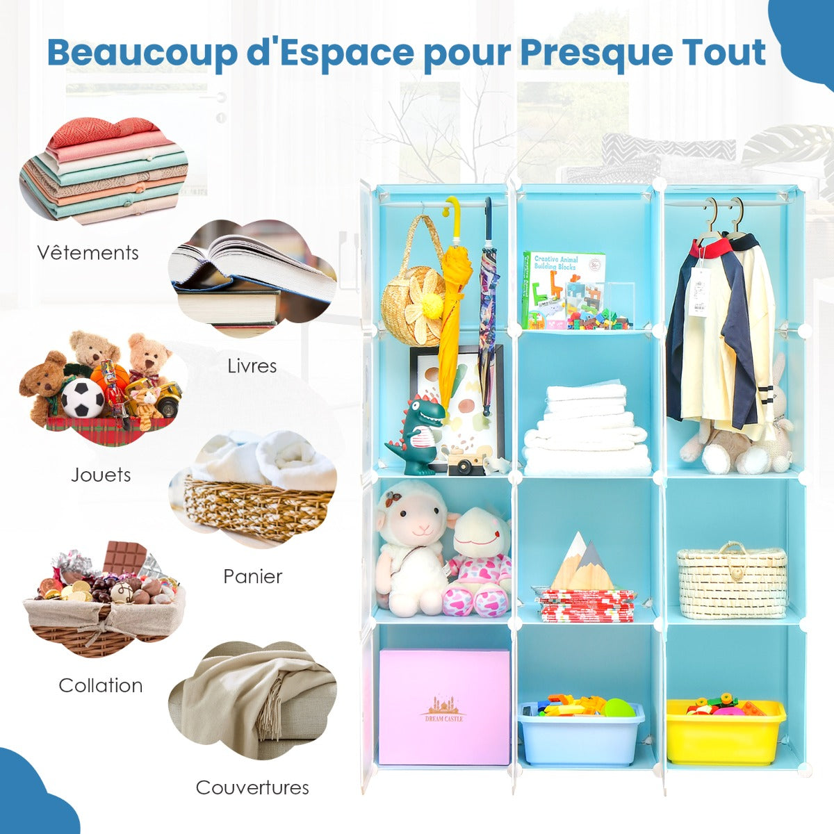 Portable Children Wardrobe with 12 Cubes and 2 Clothes Hanging Section-Blue