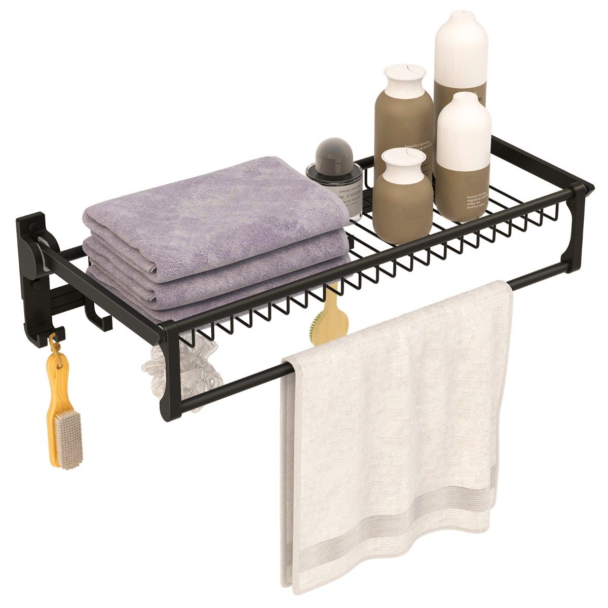Foldable Bathroom Towel Rack with Adjustable Towel Bar and Movable Hooks