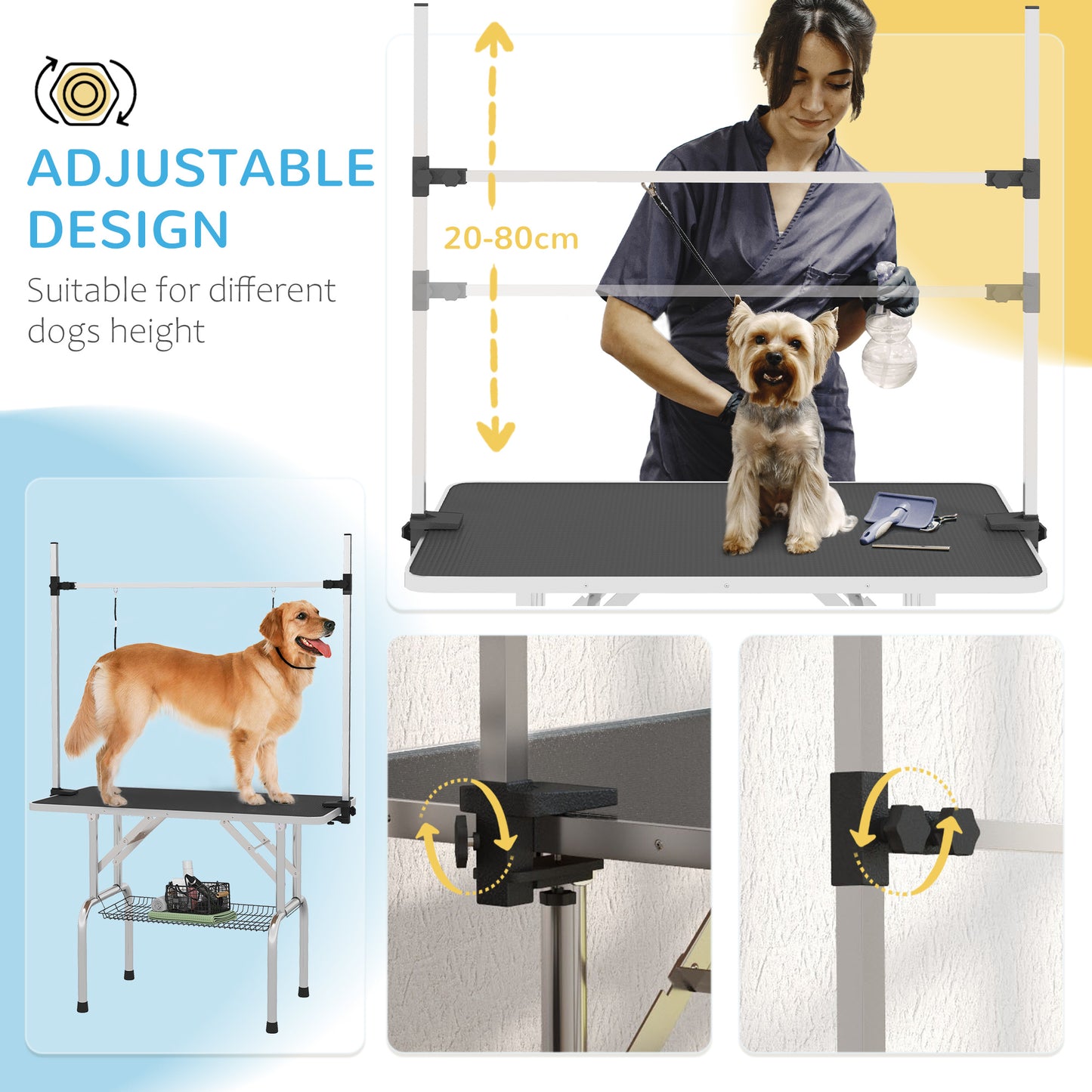 PawHut 42" Dog Grooming Table, Adjustable Pet Cat Drying Beauty Table with 2 Loops Storage Basket, Rubber Top, Black