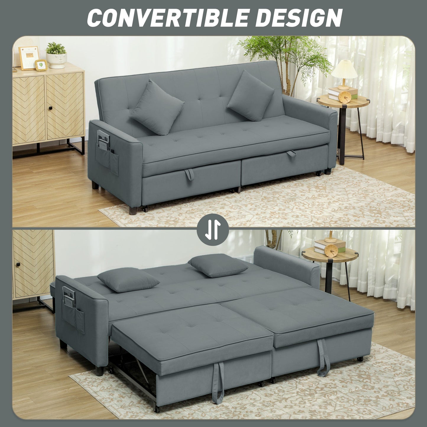 HOMCOM Trzyosobowa sofa rozkładana Velvet-Feel - Szara
