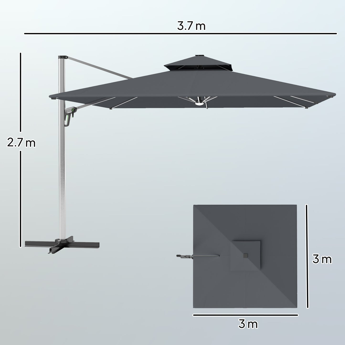 Outsunny 3(m) Parasol ogrodowy z wysięgnikiem i lampami LED zasilanymi energią słoneczną, podstawa krzyżowa, obrót 360√Ǭ∞, korba i pochylenie, szary