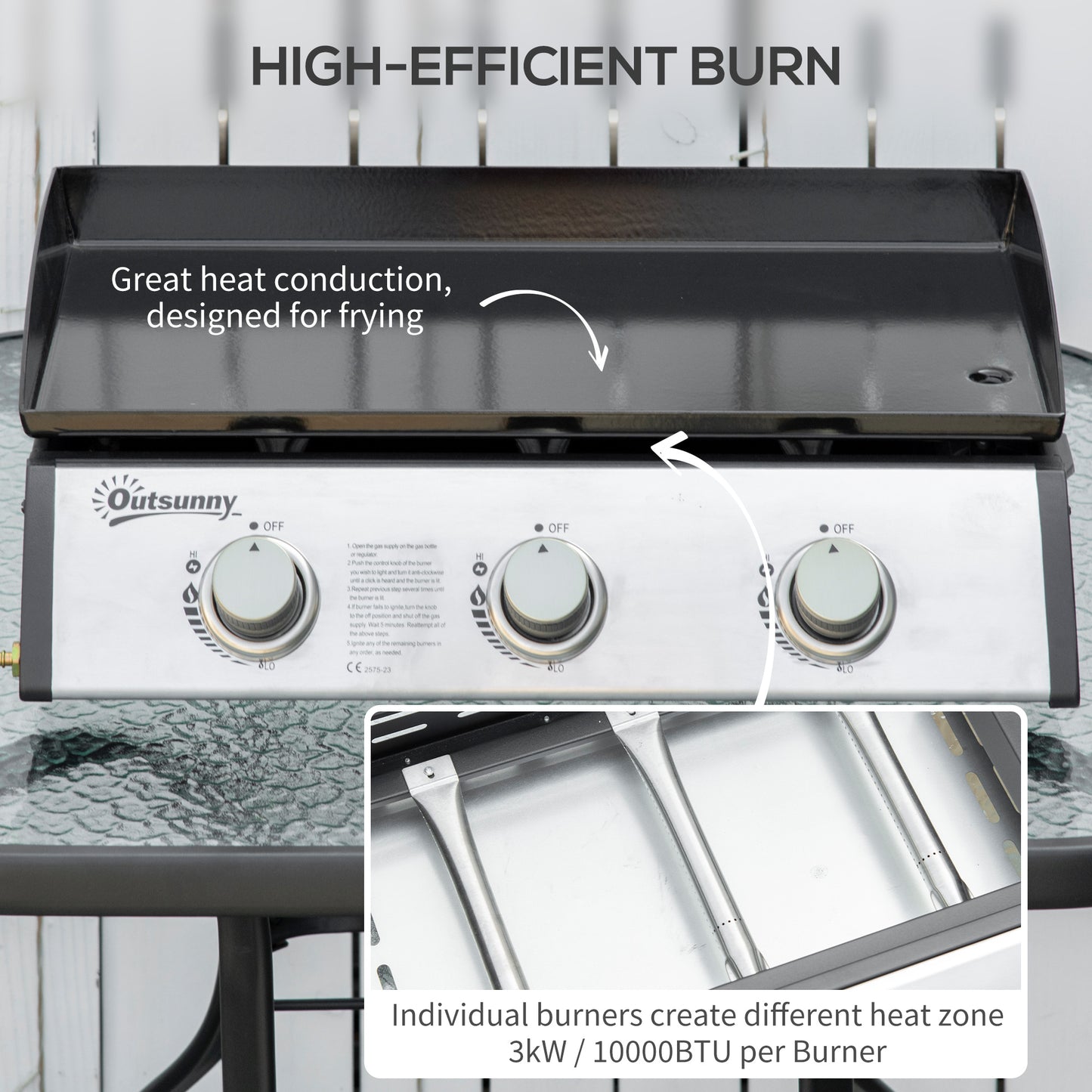 Grill gazowy Outsunny Plancha z 3 palnikami ze stali nierdzewnej, 9 kW, przenośny grill gazowy stołowy z nieprzywierającą płytą grillową na kemping, piknik, przyjęcie ogrodowe, festiwal