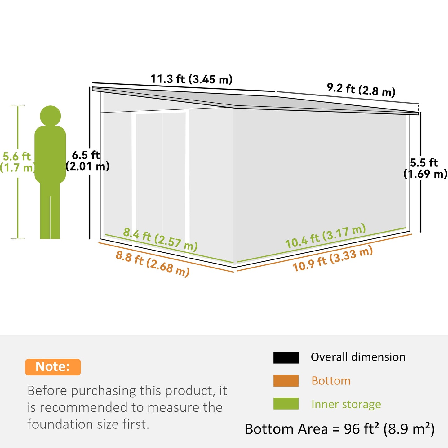 Outsunny 11,3 x 9,2 ft Lean to Metal Garden Shed, zewnętrzny ocynkowany domek do przechowywania narzędzi z podwójnymi drzwiami przesuwnymi i 2 otworami wentylacyjnymi, szary