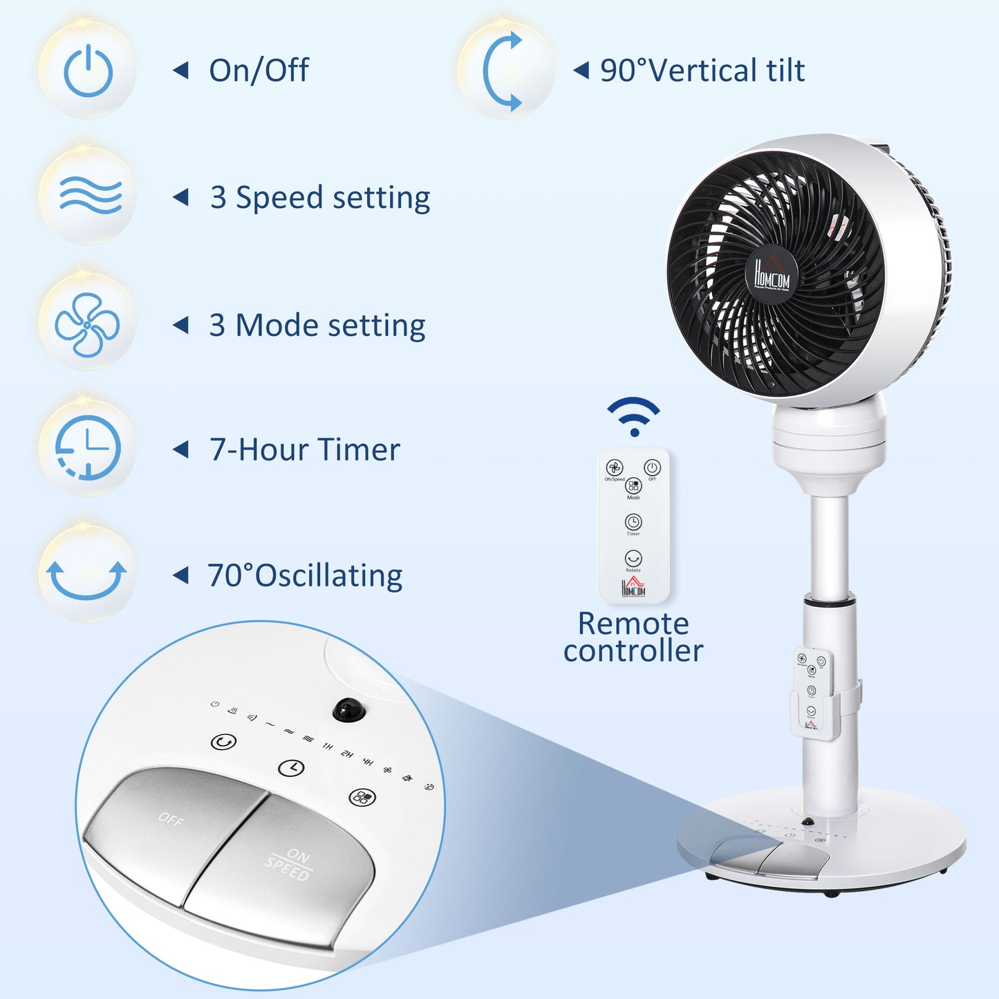 HOMCOM 9'' Air Circulator Fan 3 Speed 3 Mode, 70° Oscillation 90° Vertical Tilt, Height Adjustable, Remote Controller, for Living Room, Bedroom, Office, Black and White