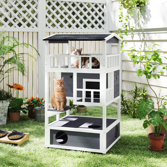 PawHut Wooden Outdoor Cat House, 3-Tier Cat Shelter with Tilted Roof, Terrace, Jump Step, Bottom Tray and Elevated Base, Waterproof Paint, Grey