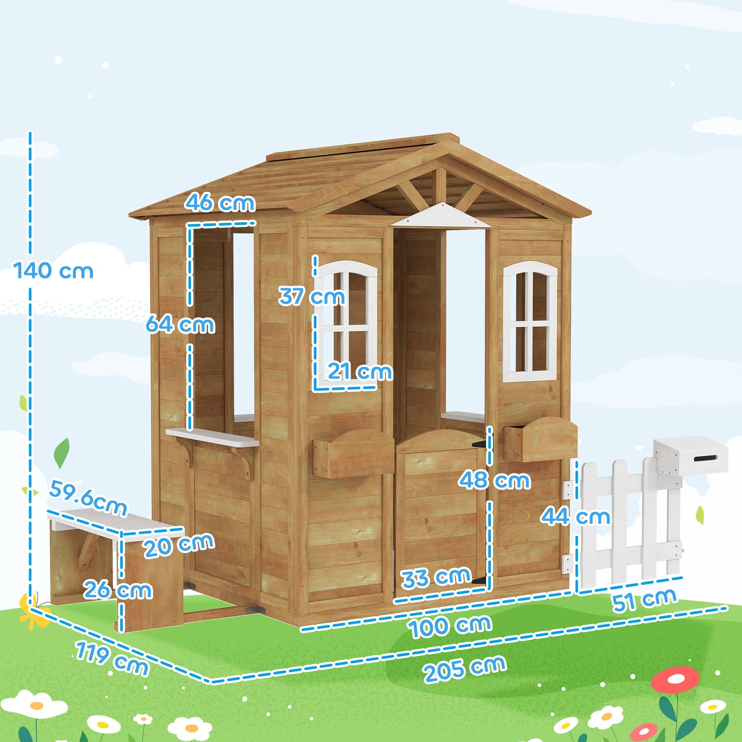 Outsunny Wooden Playhouse for Kids with Door, Windows, Mailbox, Flower Pot Holder, Serving Station, Bench for Children, Yellow