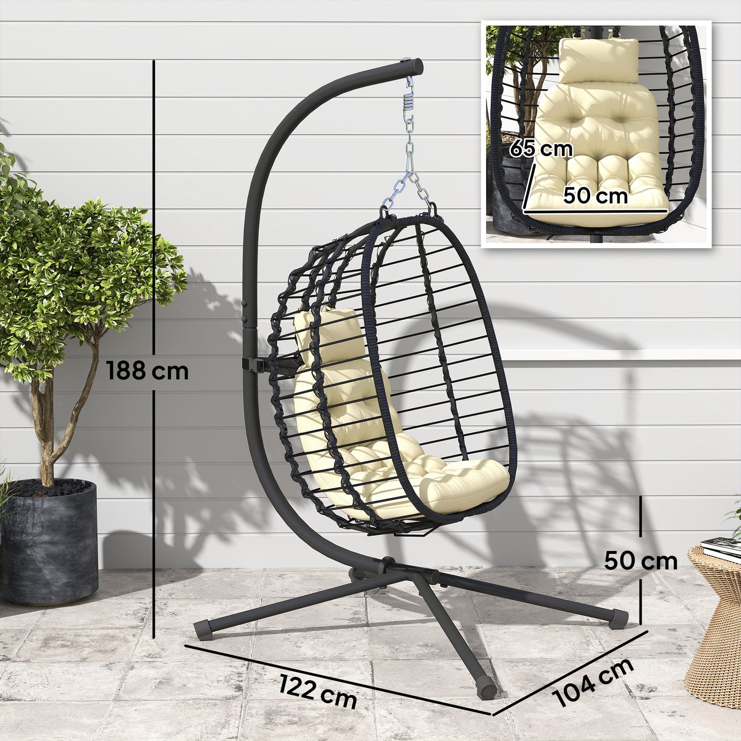 Outsunny Rattan Wiszący Fotel Jajko, Składany Wiklinowy Fotel Huśtawka Hamakowa z Poduszką, Stojak, Regulowana Wysokość, Poduszka Pod Głowę, Stalowa Rama Do Ogrodu Patio Wewnątrz Na Zewnątrz, Kremowo-Biały