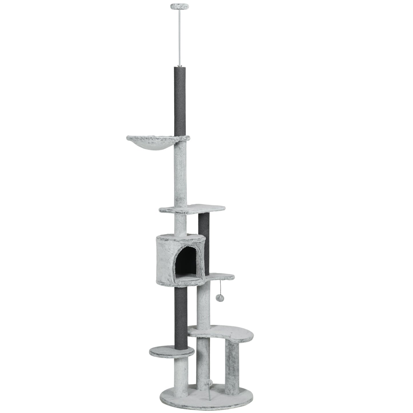 PawHut 255cm Floor to Ceiling Cat Tree with Scratching Posts, Height Adjustable Cat Tower with Hammock, House, Anti-tipping Kit, Perches, Toys, Grey