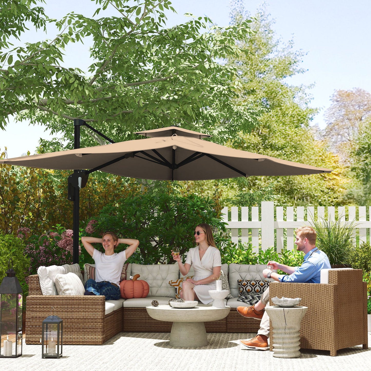 Outsunny 3,7 x 2,7 m parasol wysięgnikowy z obrotem 360√∞ i łatwą regulacją nachylenia, aluminiowy wiszący parasol ogrodowy z podwójnym dachem i podstawą krzyżową, wiszący parasol przeciwsłoneczny UPF50+, czarny