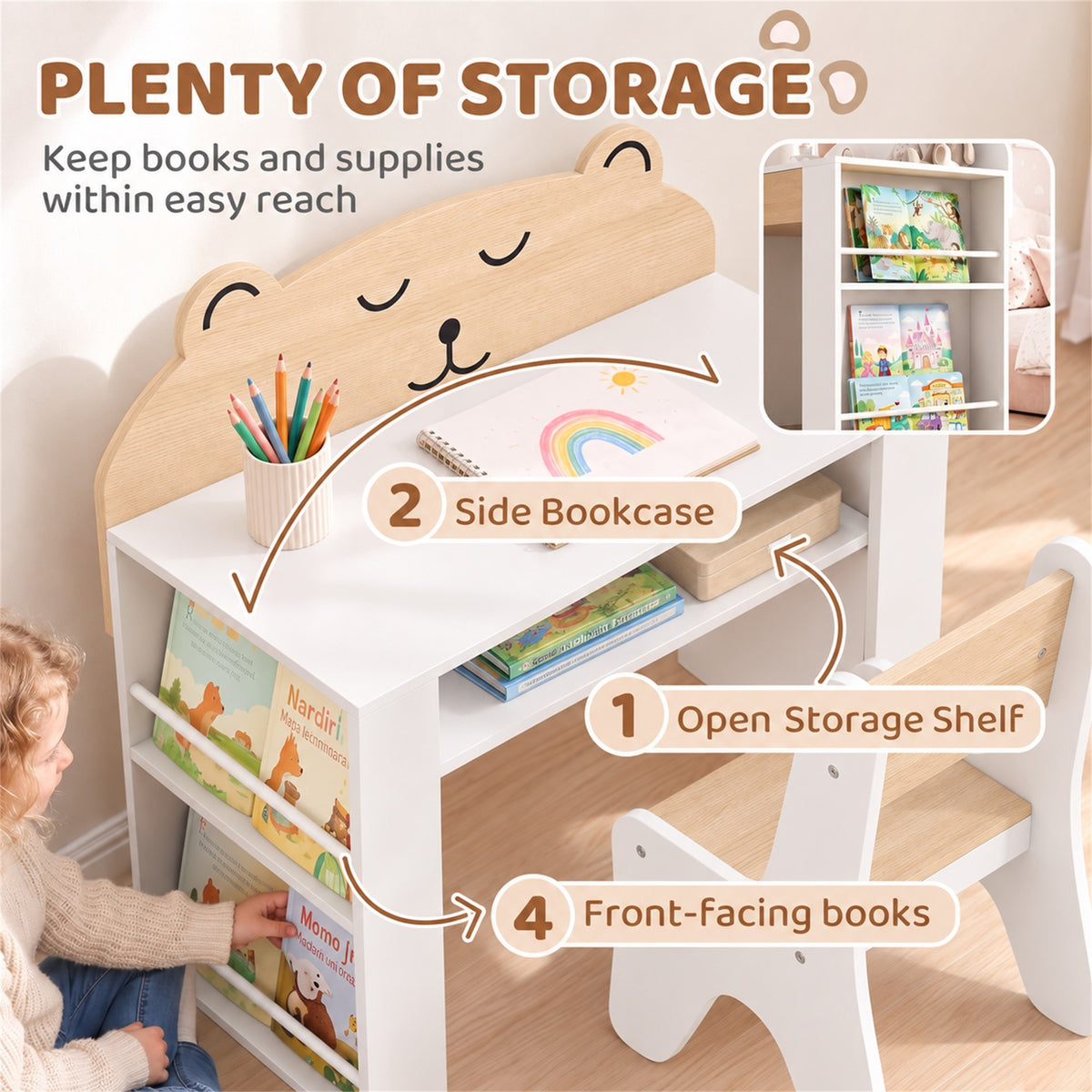 AIYAPLAY Kids Table and Chair Set with Side Bookshelves, Open Storage, Non-Slip Pads for 3-8 Y, Bedroom, Study Room, Bear-Themed