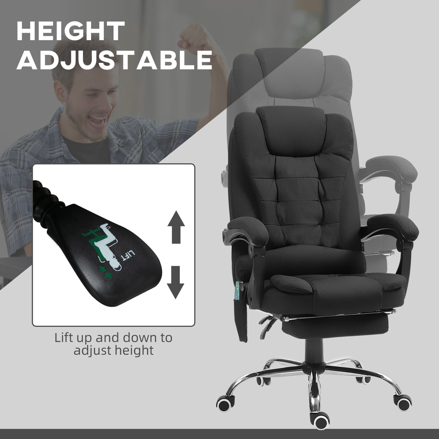 Vinsetto Office Chair with 6 Point Massage and Back Heat, Linen Desk Chair with Footrest Adjustable Height and Swivel Wheels, Back Reclining, Full Black