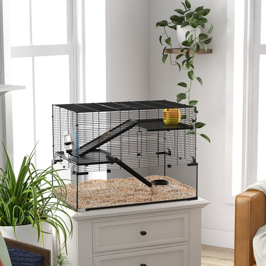 PawHut 3 Tiers Hamster Cage, Gerbil Cage with Deep Glass Bottom, Non-Slip Ramps, Platforms, Hut, Exercise Wheels, Water Bottle, Dish, for Syrian Hamster, Dwarf Hamster, 78.5 x 48.5 x 54.5cm