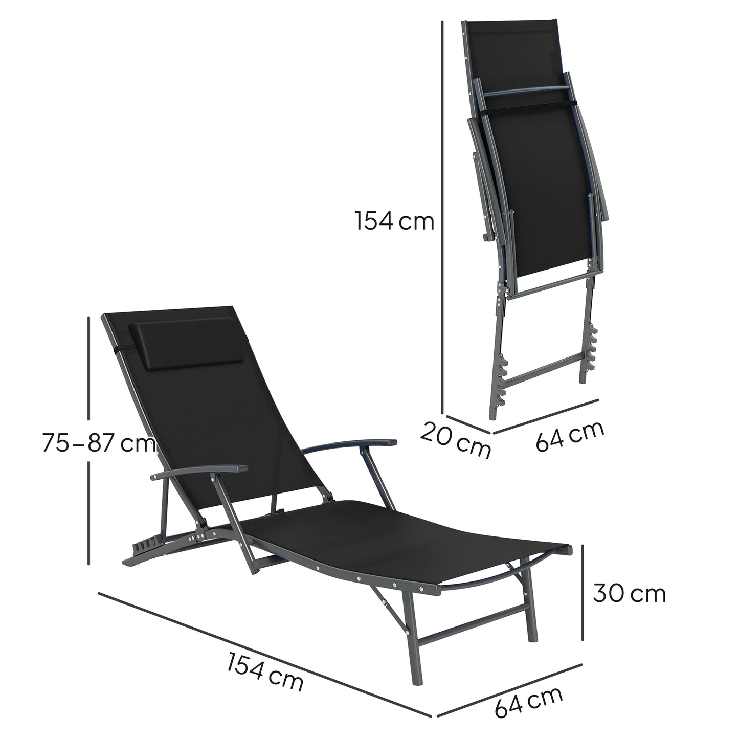 Outsunny Zestaw 2 składanych leżaków do ogrodu, 4 pozycje regulowanych leżaków ogrodowych z podłokietnikami, poduszkami, stalową ramą, leżaki do patio, na plażę i przy basen, czarne