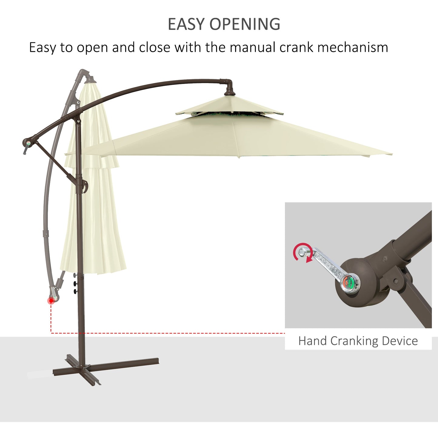 Outsunny 2,7 m parasol ogrodowy bananowy z uchwytem korbowym, dwupoziomowym baldachimem i podstawą krzyżową do użytku na zewnątrz, wiszący parasol przeciwsłoneczny, beżowy