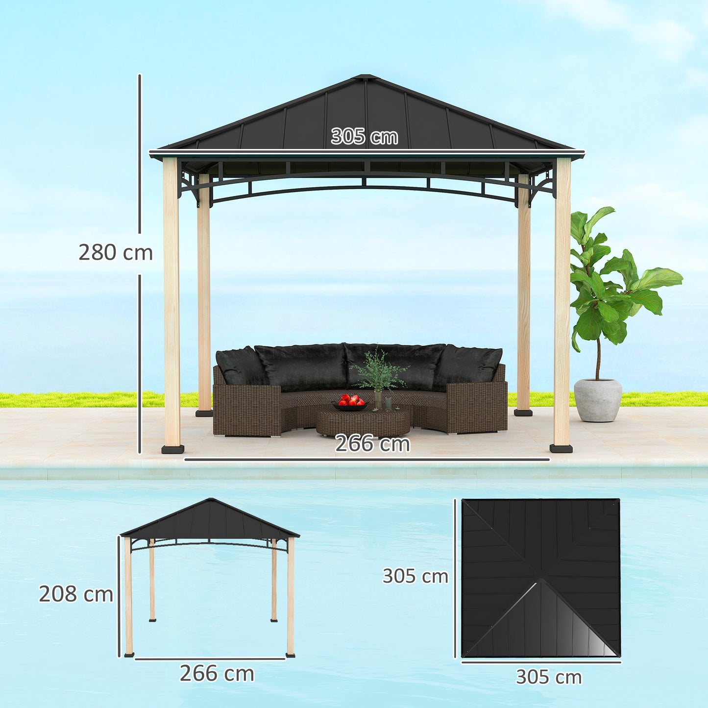 Altana metalowa dekoracyjna Outsunny 3 x 3 m – czarna/imitacja drewna