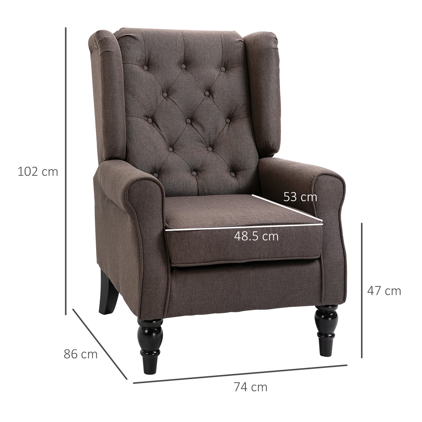 HOMCOM Retro Accent Chair, Linen Wingback Armchair with Wood Frame Button Tufted Design for Living Room Bedroom, Brown