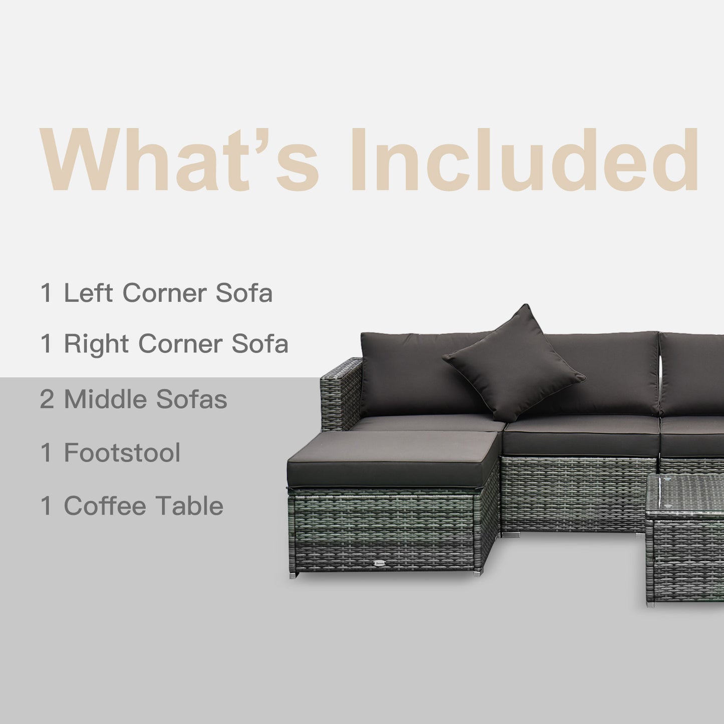 Outsunny 6 Pieces Rattan Garden Furniture Set, 5 Seater Sectional Garden Corner Sofa Set with Glass Top Coffee Table, Cushions and Pillows, All-Weather Wicker Conversation Furniture, Grey