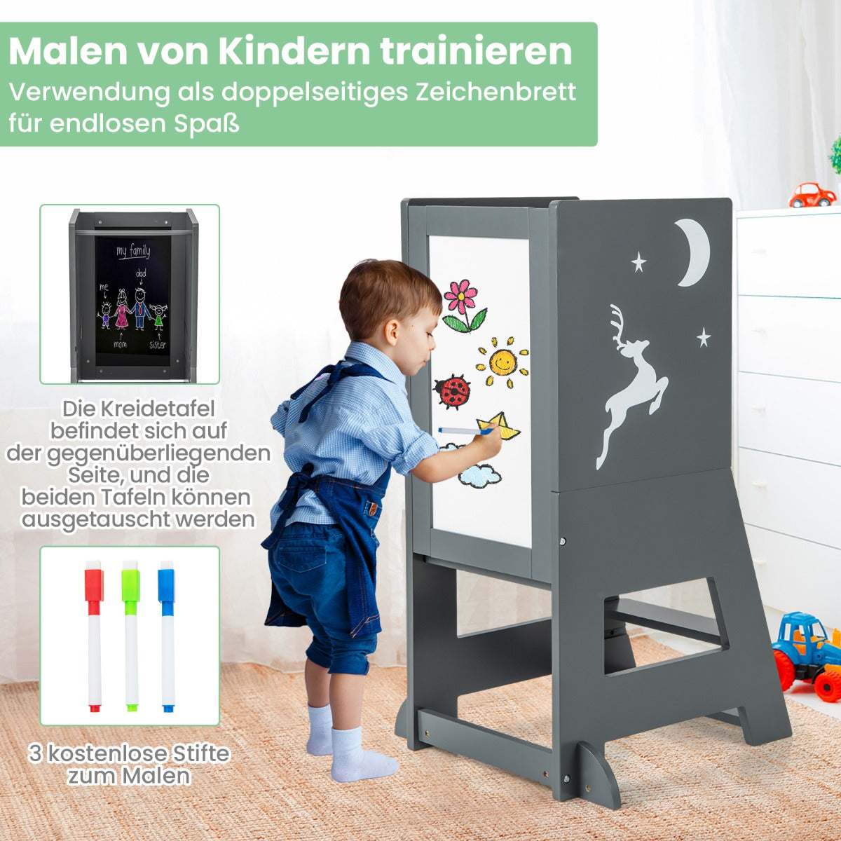 Toddler Kitchen Stool Helper Baby Standing Tower with Chalkboard and Whiteboard-Gray