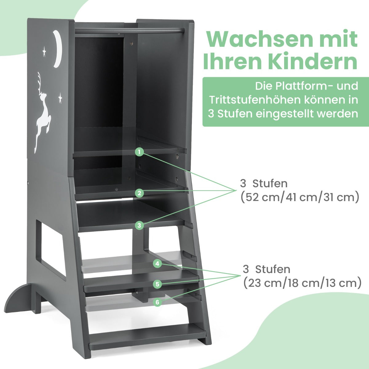 Toddler Kitchen Stool Helper Baby Standing Tower with Chalkboard and Whiteboard-Gray