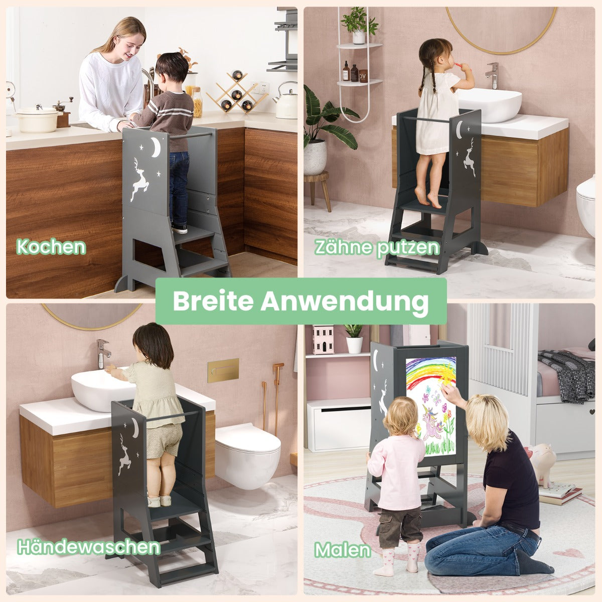 Toddler Kitchen Stool Helper Baby Standing Tower with Chalkboard and Whiteboard-Gray