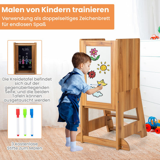 Toddler Kitchen Stool Helper with Chalkboard and Whiteboard-Natural