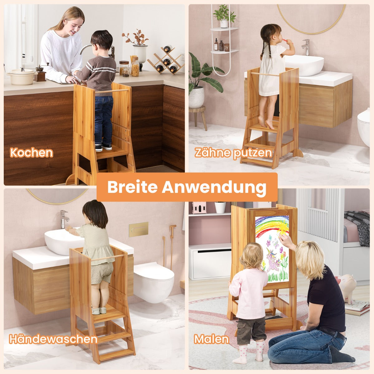 Toddler Kitchen Stool Helper with Chalkboard and Whiteboard-Natural