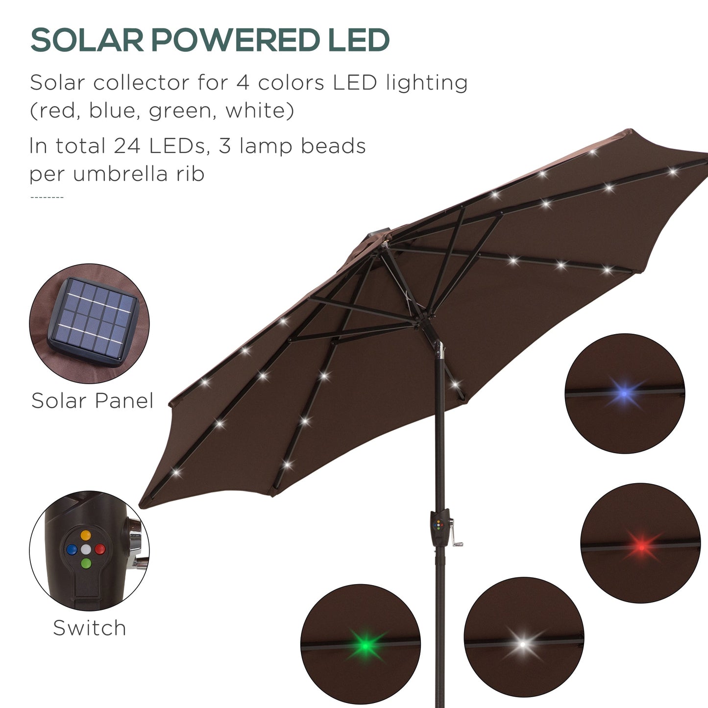 Outsunny 2.7m Garden 24 LED Light Parasol Solar Outdoor Tilt Sun Umbrella Patio Club Party Event Manual Sun Shade w/ Hand Crank and 8 Ribs, Brown