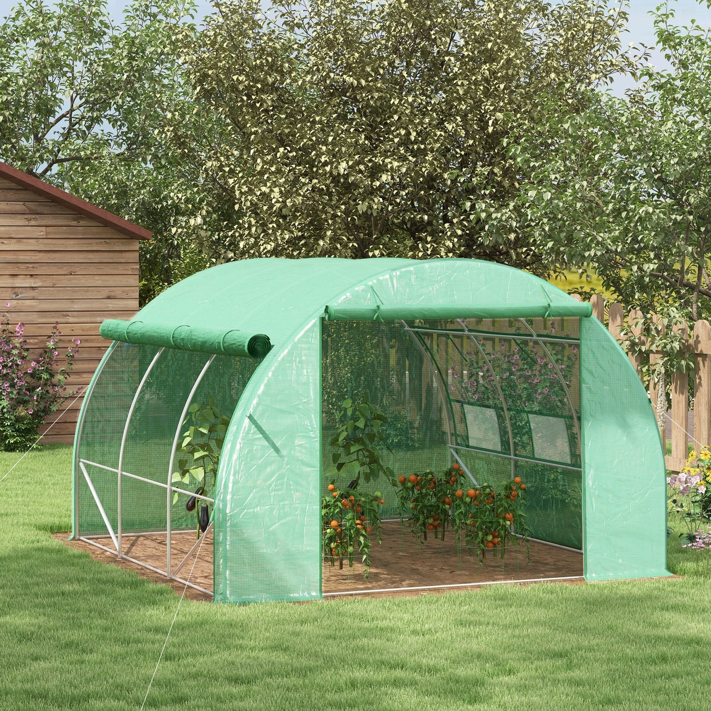 خيمة Outsunny Polytunnel Greenhouse Walk-in Grow House مع جدران جانبية قابلة للطي، باب مضغوط و6 نوافذ، 3x3x2m أخضر