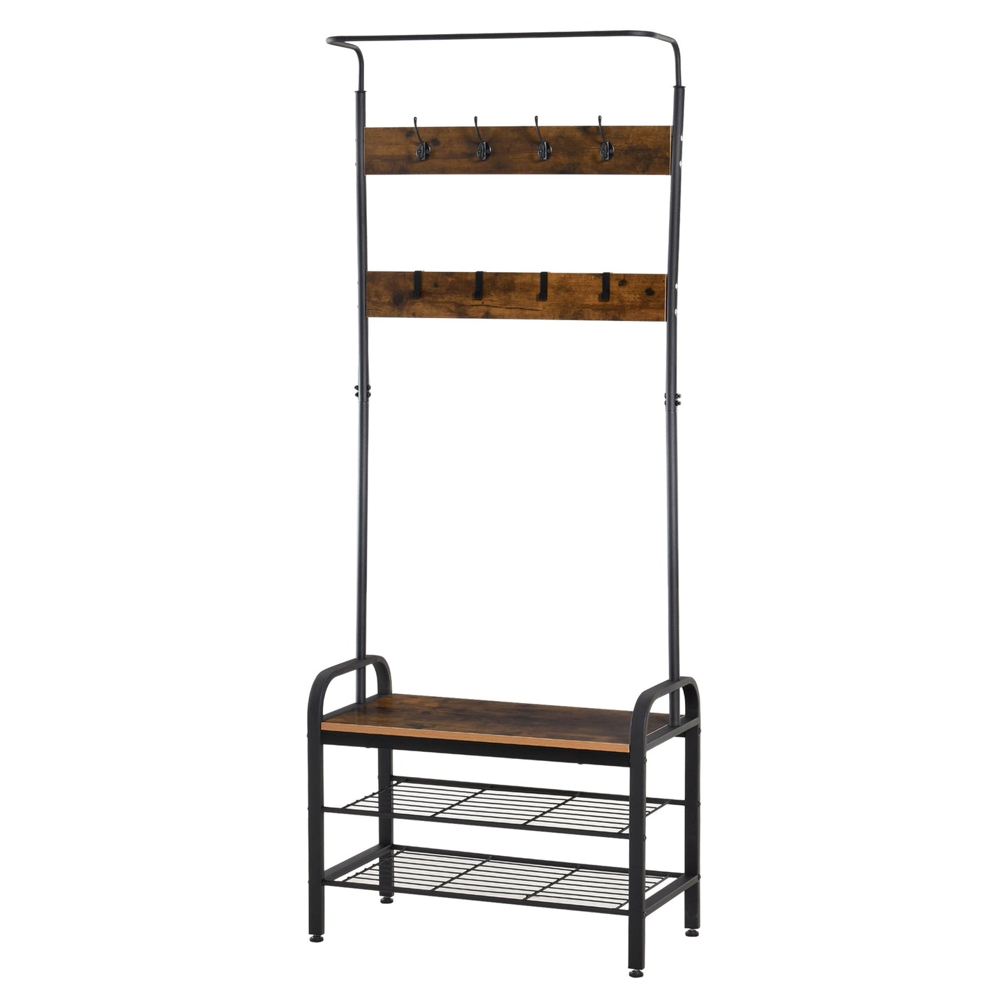 HOMCOM Coat Rack Stand Industrial hallway Shoe Rack Removable Hooks Metal Wood Hangers Storage Cabinet Rustic Brown 72L_34W_185H(cm)