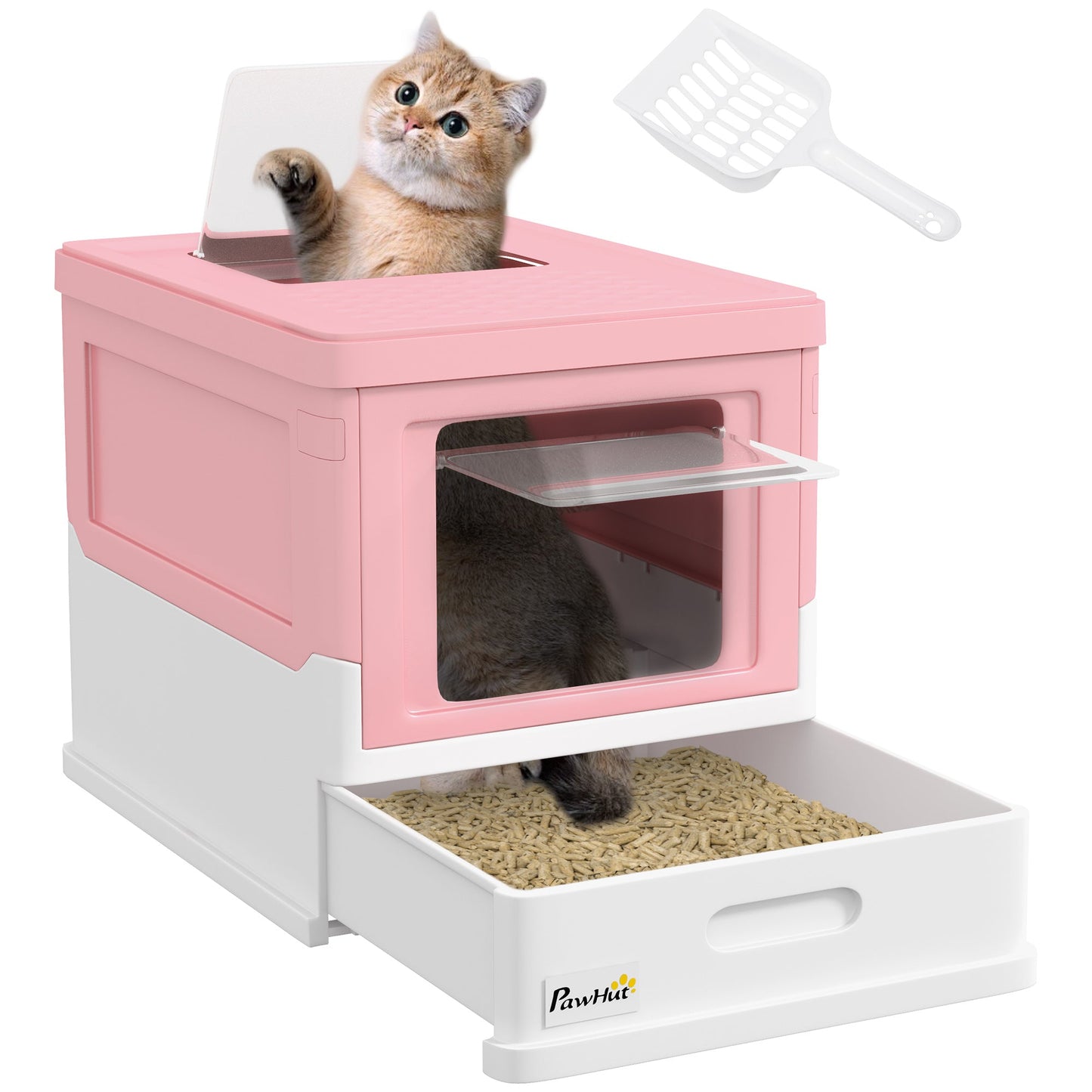 PawHut Hooded Cat Litter Box, przenośna toaleta dla zwierząt, z łopatką, wejście z przodu - różowa