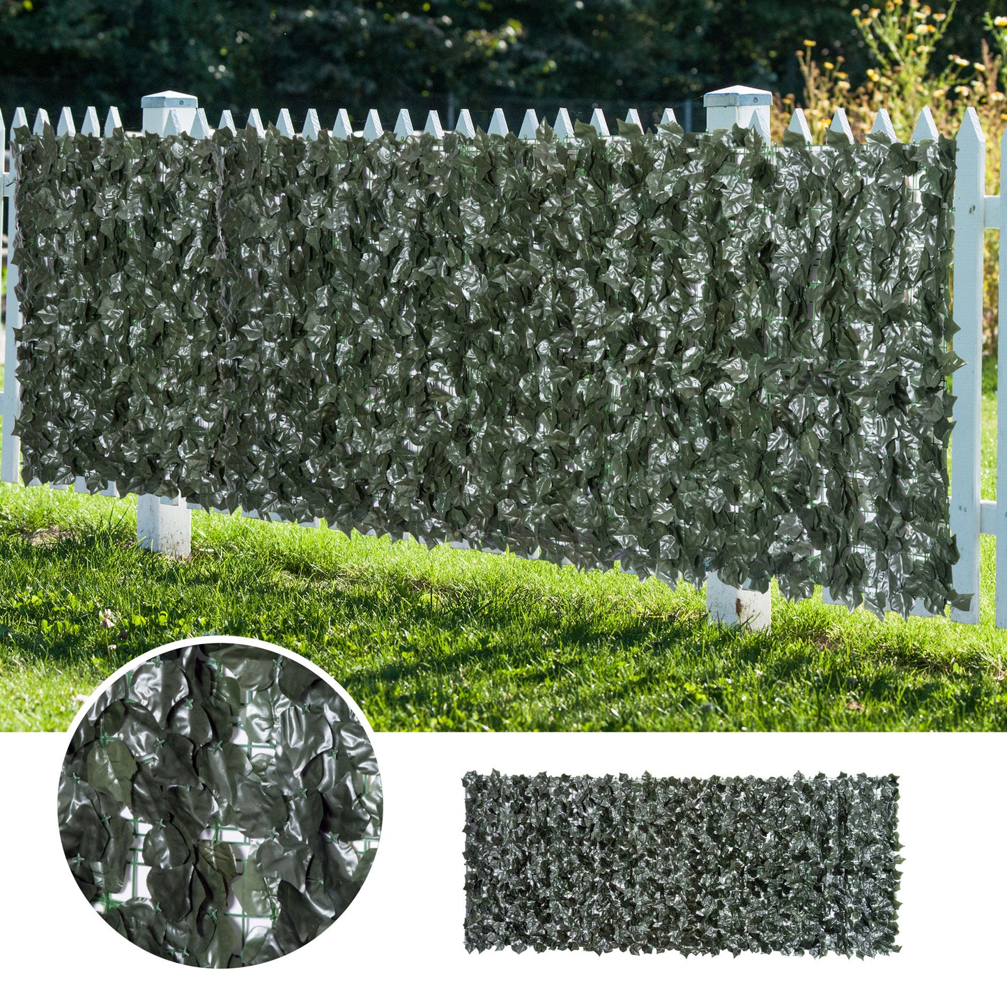 Outsunny 2-częściowy sztuczny żywopłot z liści Panel ogrodzenia prywatności do ogrodu, na zewnątrz, dekoracja wewnętrzna, ciemnozielony, 3M x 1,5M