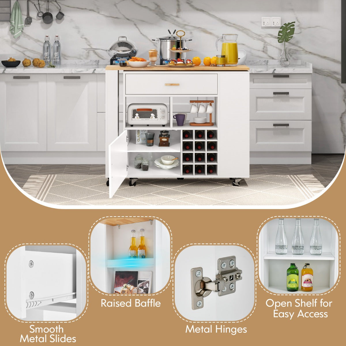 Reversible Folding Kitchen Island Cart with Wine Rack and Spice Rack