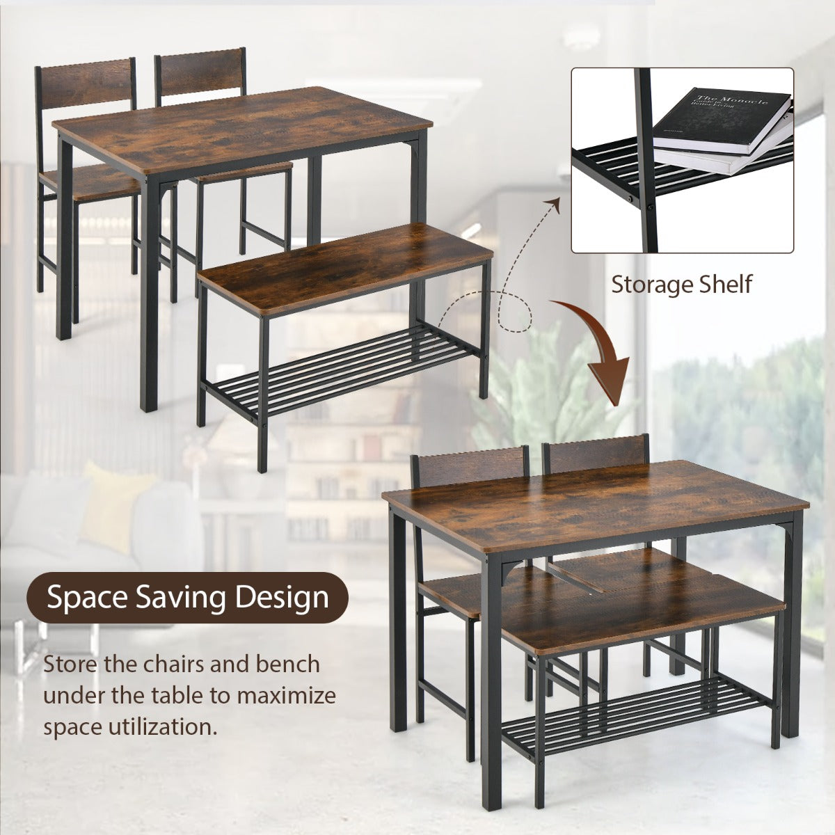 4 Pieces Rustic Dining Table Set with 2 Chairs and Bench-Rustic Brown