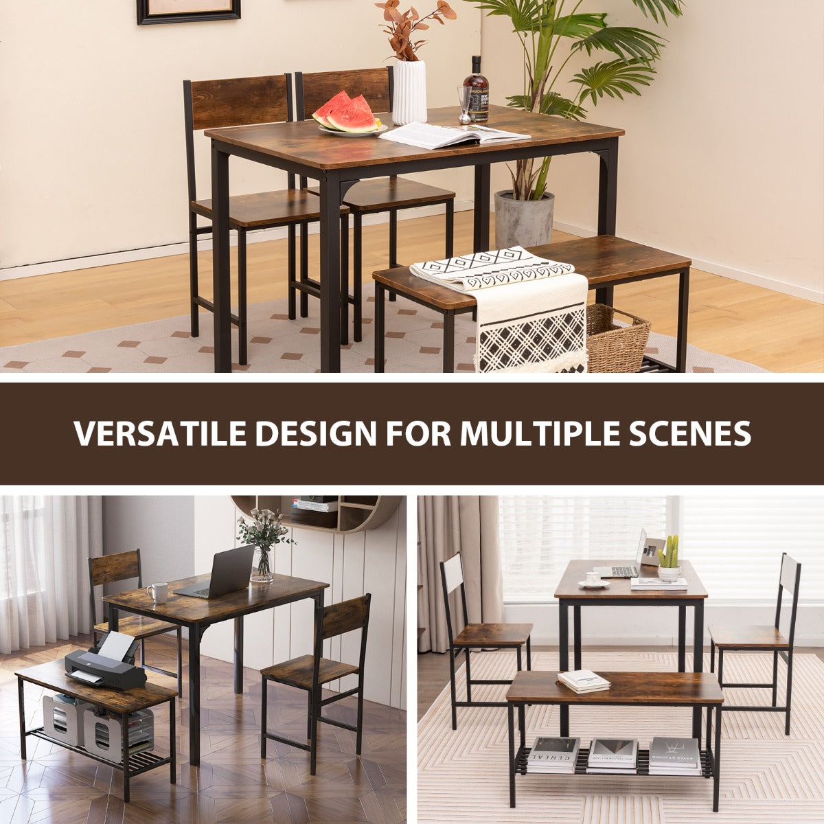 4 Pieces Rustic Dining Table Set with 2 Chairs and Bench-Rustic Brown