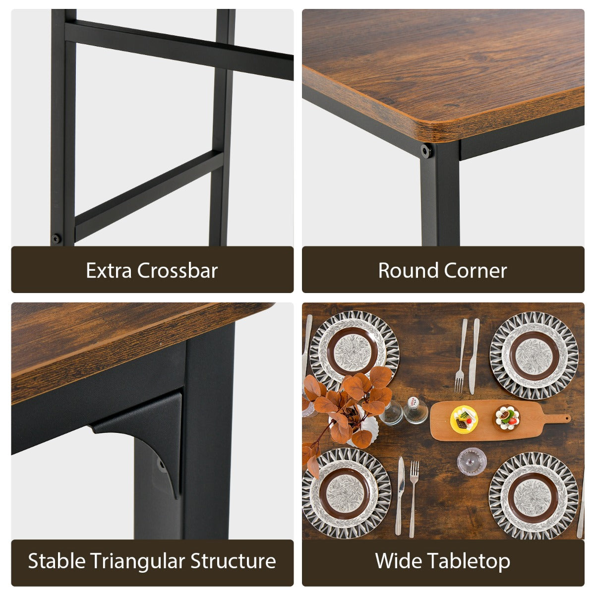 4 Pieces Rustic Dining Table Set with 2 Chairs and Bench-Rustic Brown