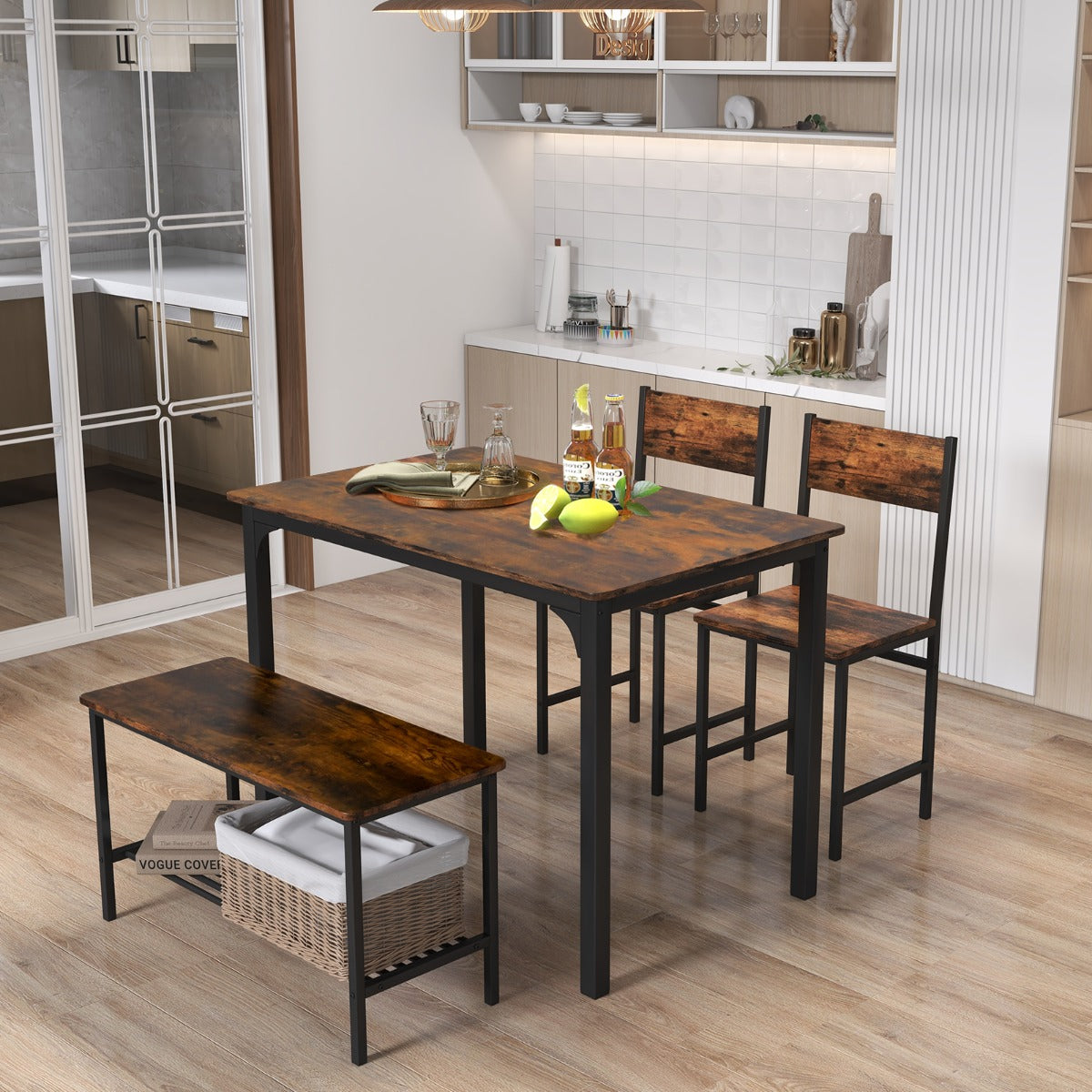 4 Pieces Rustic Dining Table Set with 2 Chairs and Bench-Rustic Brown