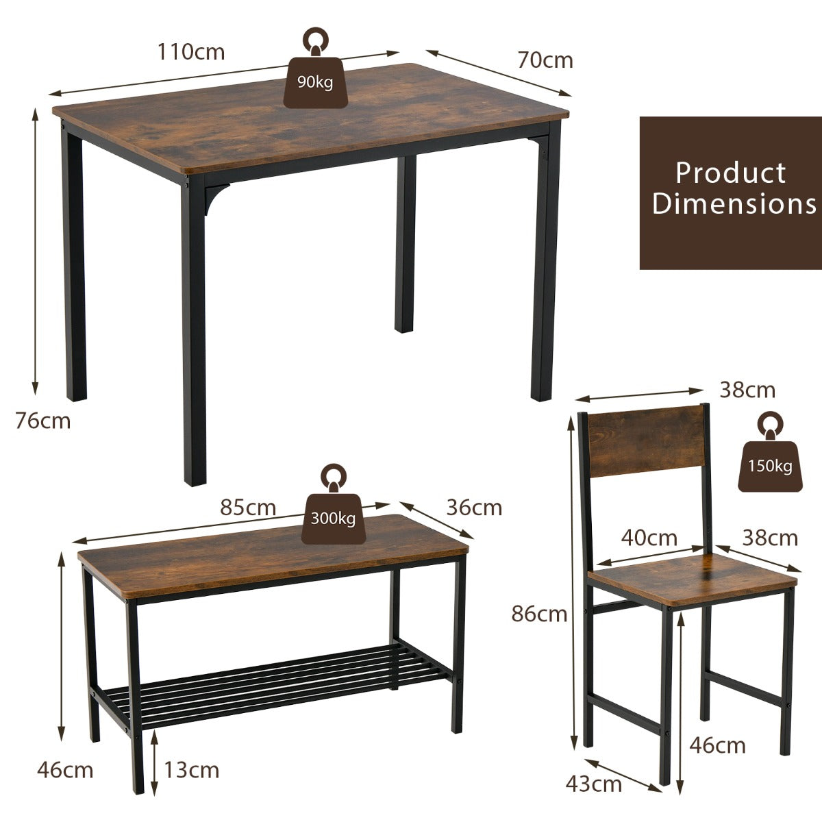 4 Pieces Rustic Dining Table Set with 2 Chairs and Bench-Rustic Brown