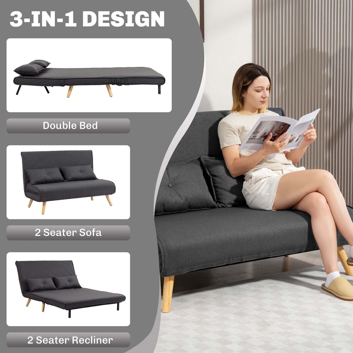 HOMCOM Dwuosobowa sofa rozkładana z imitacją lnu - antracytowa